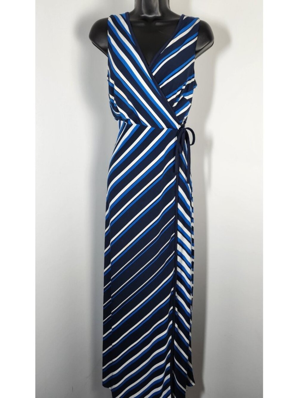 Glamour Faux Wrap Black Multi Stripped Sleeveless Maxi Dress - SZ 6